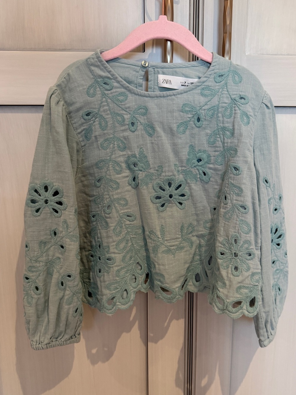 Zara Sage Green Embroidered Eyelet Blouse
